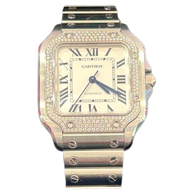 Cartier Stainless Steel Santos De Cartier Watch Pave Bezel Medium Model B&P