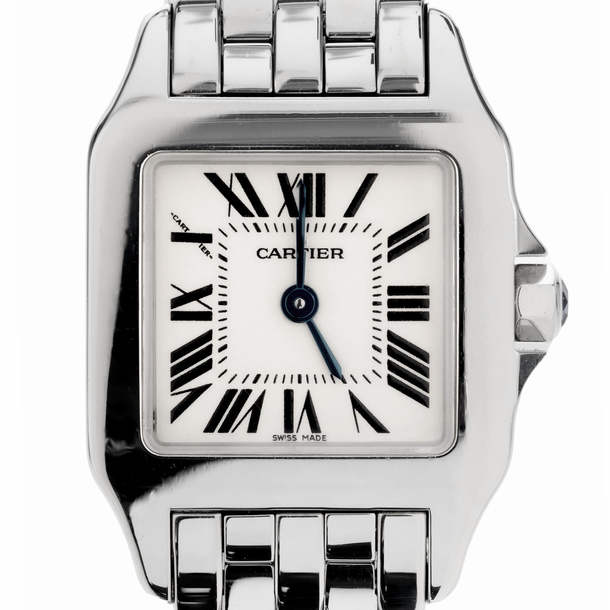 Classic 26mm ladies Cartier Demoiselle quartz wristwatch. Cartier presented this version of the Santos in 2012, it was made especially for the ladies – the Santos Demoiselle. Complete with Parchment dial and roman numerals. 

Length: 28mm
Width: