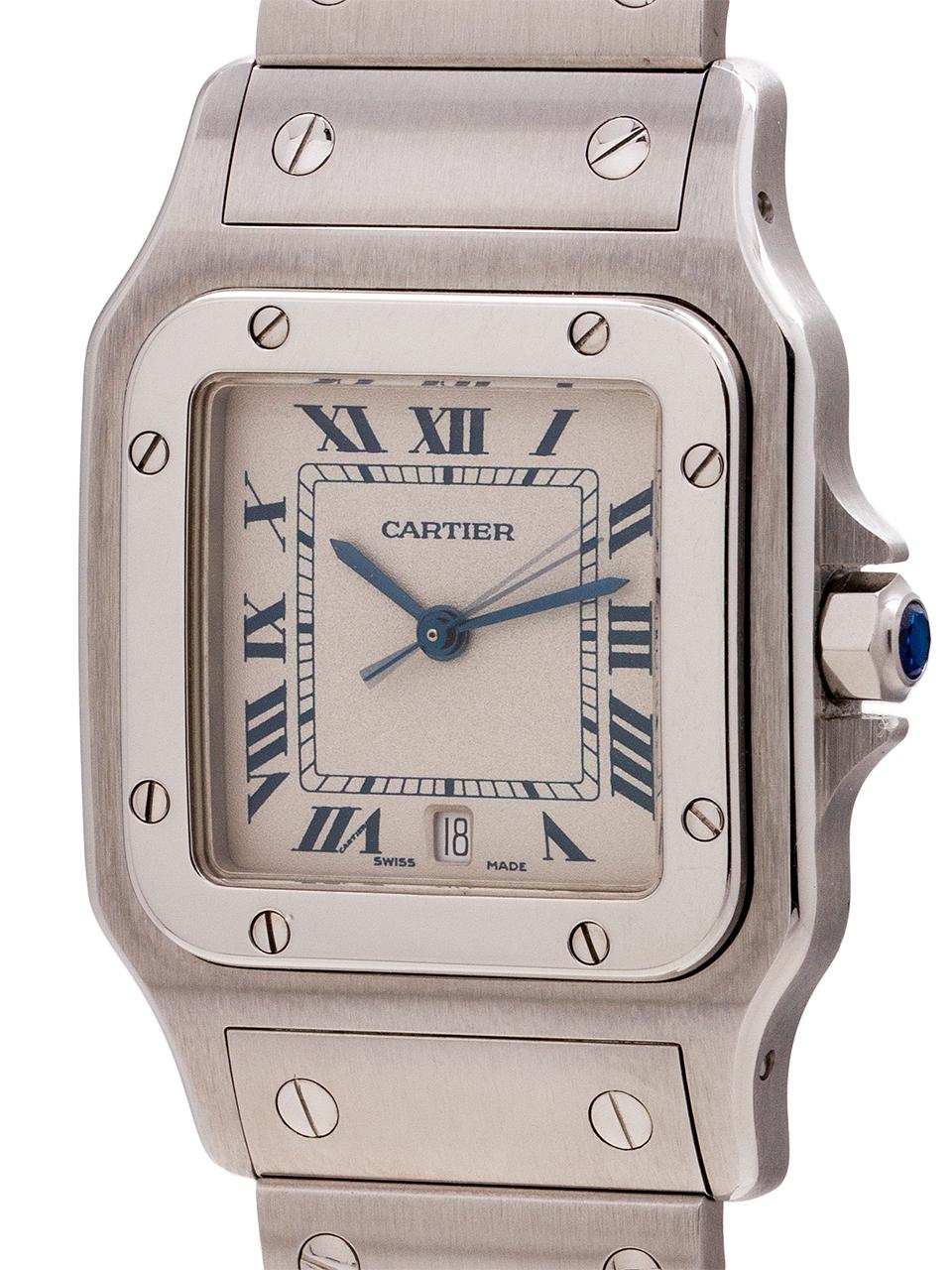 
Exceptional condition man's Cartier Santos Galbe in stainless steel, circa 1999. Featuring a 29 x 41mm ergonomically curved back case, with curved sapphire crystal and curved links to conform to the wrist. Classic white dial with black Roman