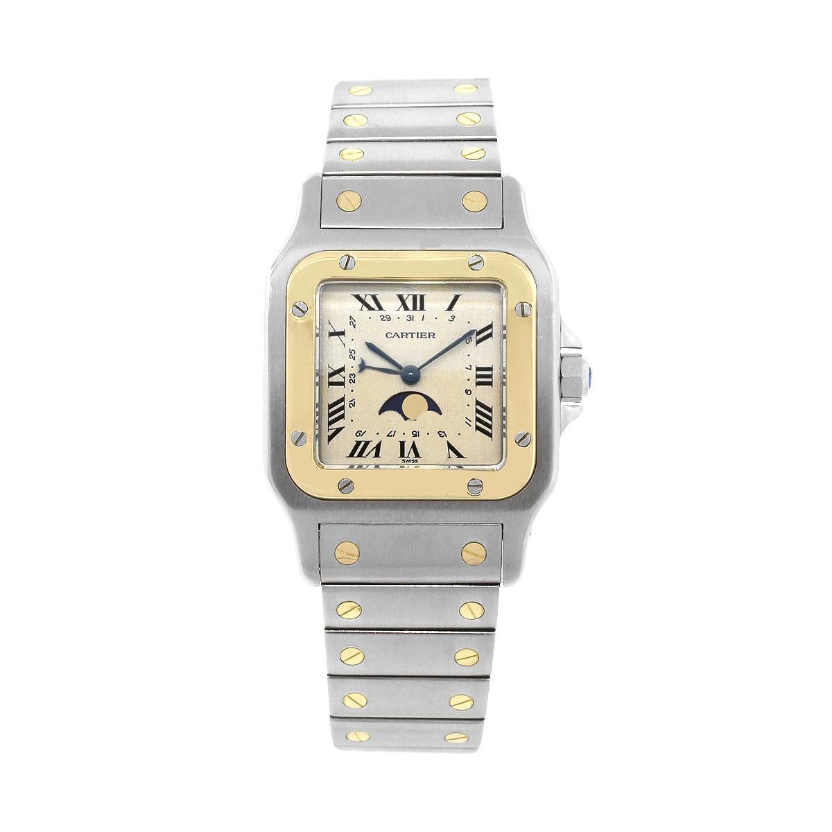 Designer: Cartier
Case Material : Stainless steel
Case Diameter: 25mm x 35mm
Bracelet: Stainless steel with 18k yellow gold screws
Dial: Ivory dial with black roman numerals and blue hands and moon phase indicator
Bezel: 18k yellow gold
Crystal: