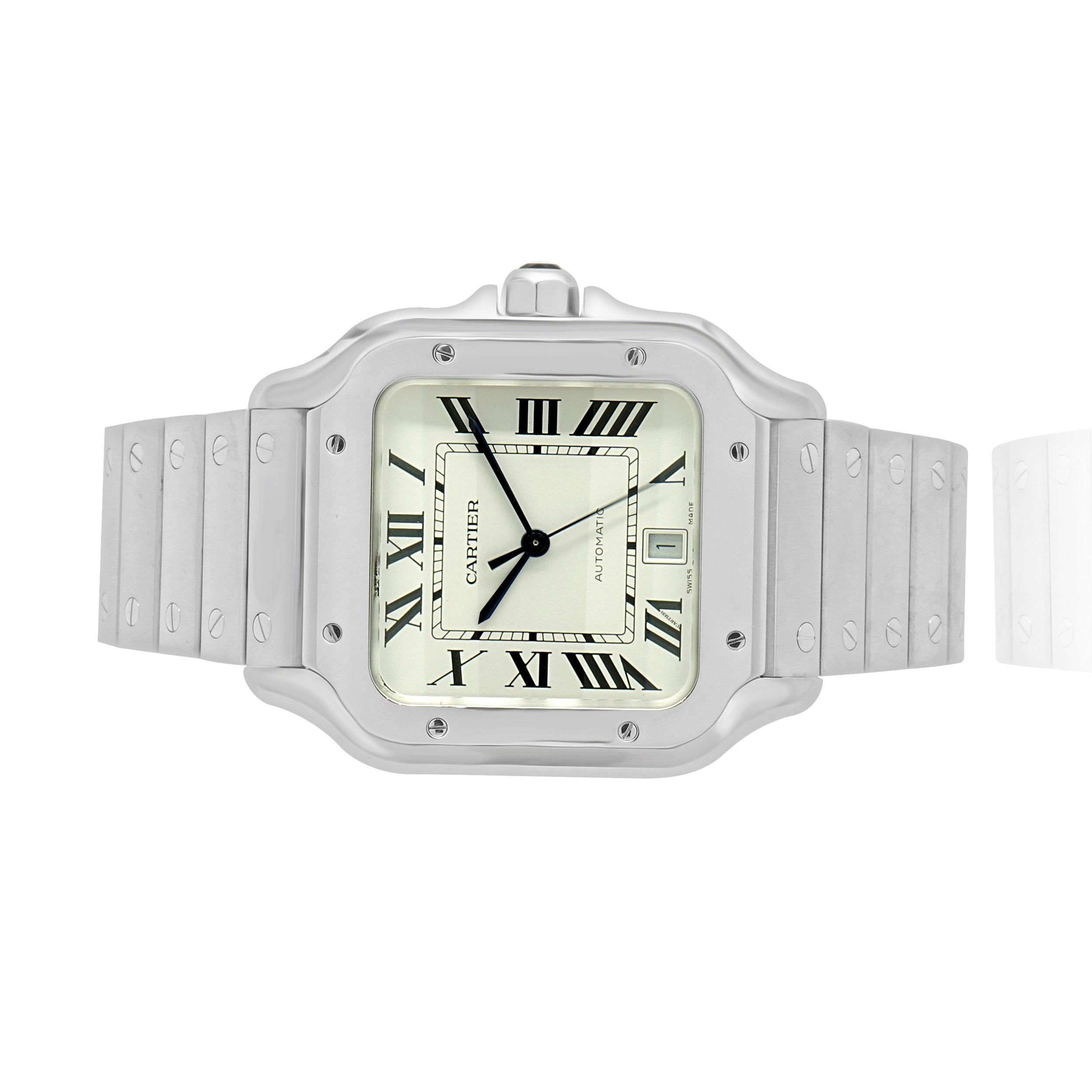 Movimento: Automatico
Funzione: ore, minuti, secondi, data
Cassa: cassa rettangolare da 39.8 mm, lunetta liscia
Quadrante: bianco, romano
Cinturino: bracciale santos in acciaio inossidabile, chiusura a scomparsa
Numero di serie:
