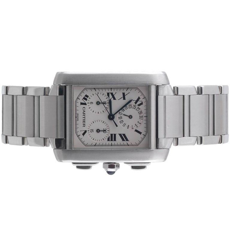 CARTIER - a gentleman's Tank Francaise Chronoflex chronograph bracelet watch. Stainless steel case. Reference 2303, serial BB14554. Signed quartz calibre 212P with quick date set. White dial with Roman numeral hour markers, subsidiary recorder dials