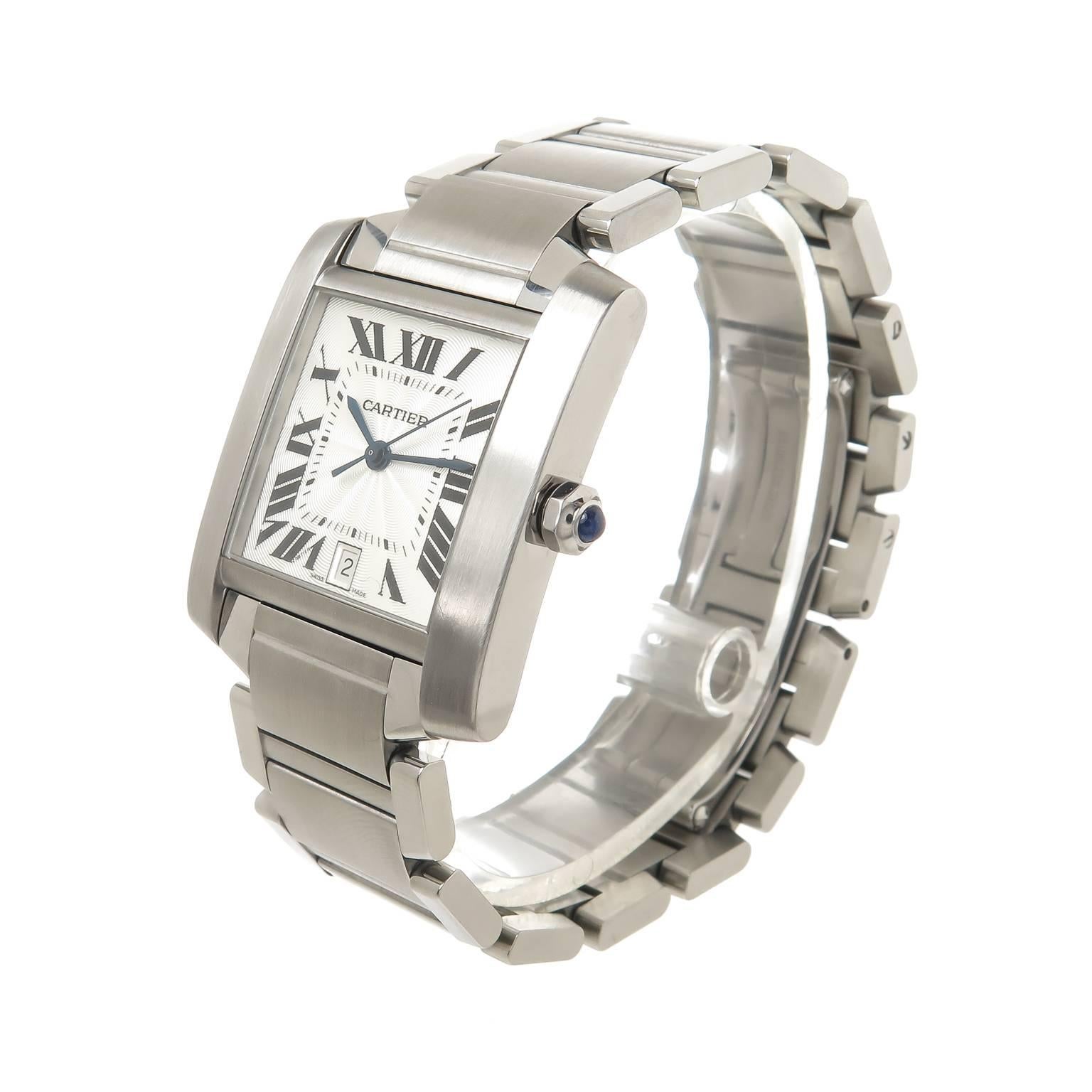 


Circa 2012 Cartier Tank Francaise, 32 X 28 MM Stainless Steel Water resistant Case, Automatic Self winding movement, silver engine turned Dial with Black Roman Numerals sweep seconds hand and calendar window at the 6. 3/4 inch wide steel bracelet