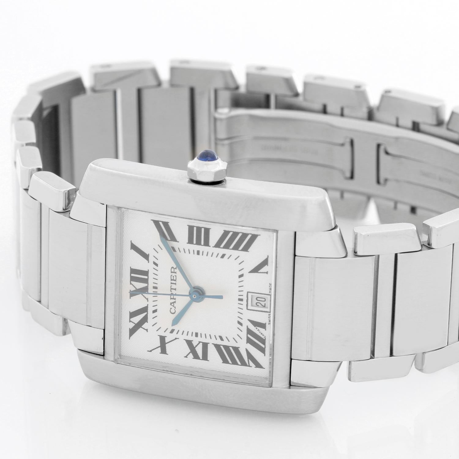 Cartier Stainless Steel  Tank Francaise Watch W51002Q3 - Quartz. Stainless Steel ( 28 x 35 mm ) ; date at 6 o'clock. Silver Guilloche dial with Roman numerals. Stainless steel Cartier bracelet. Pre-owned with custom box .