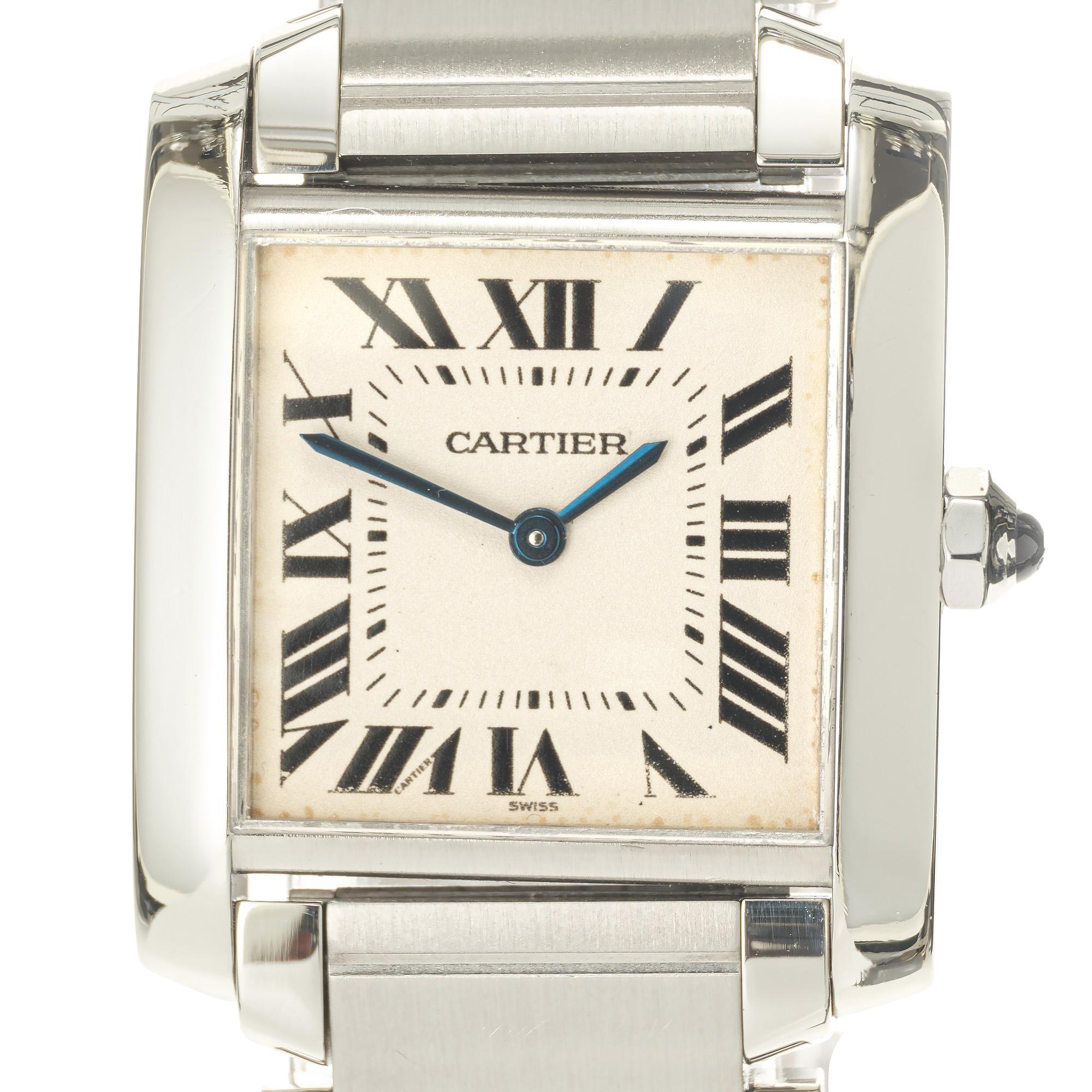 Cartier steel tank Francaise tank wristwatch. Ref 2301. Parchment dial with Roman Numerals. 7 inch band sizable. Recently serviced.  

Length: 30mm
Width: 25mm
Band width at case: 17.90mm
Case thickness: 5.87mm
Band: stainless steel
Crystal: