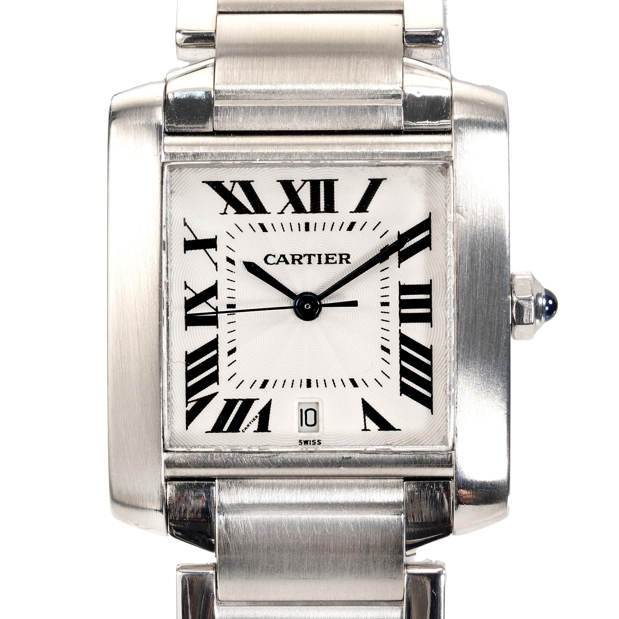 Cartier Stainless Steel Tank Francaise Wristwatch embodies timeless sophistication. Its sleek stainless steel case exudes a modern charm, while the iconic dial showcases a blend of luxury and functionality. With its signature blue-steel sword-shaped