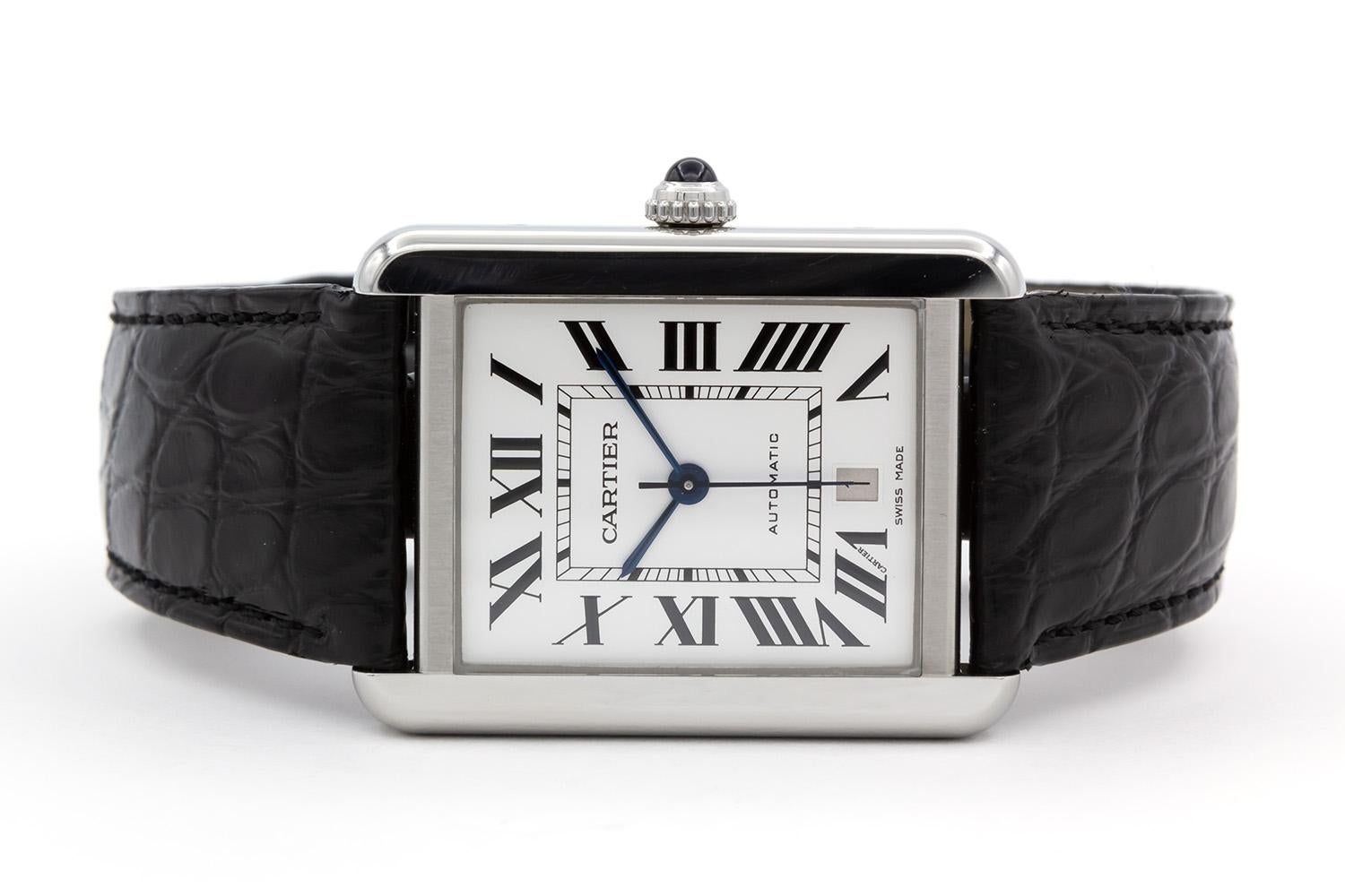 We are pleased to offer this Authentic Cartier Stainless Steel Tank Solo XL Automatic Date W5200027 3515. The Cartier Tank Solo XL watch features an automatic self winding movement; silver opaline dial with black Roman numerals and blued-steel,