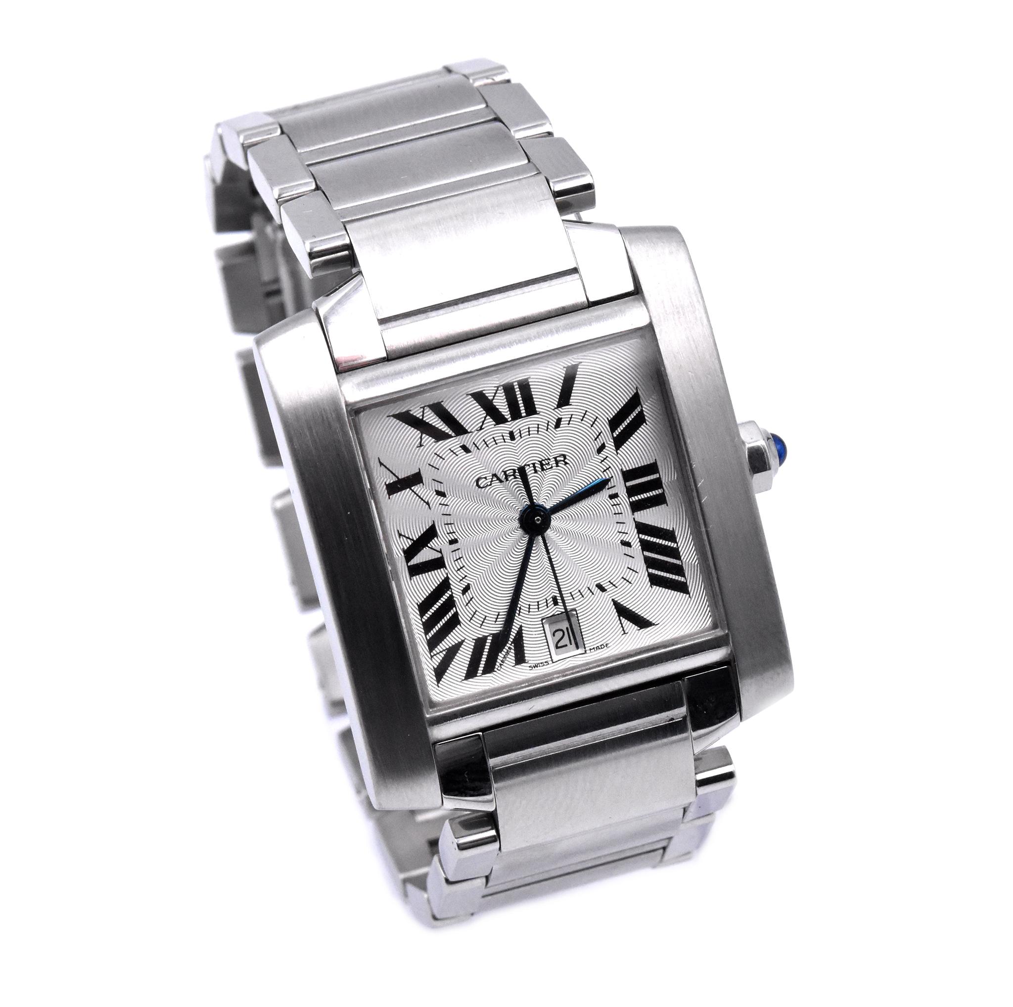 Movement: automatic
Function: hours, minutes
Case: 28mm x 33.5mm rectangular case, push pull crown, sapphire crystal
Dial: white dial, blue steeled hands, roman numeral hour markers
Band: stainless steel bracelet with butterfly clasp
Serial #: