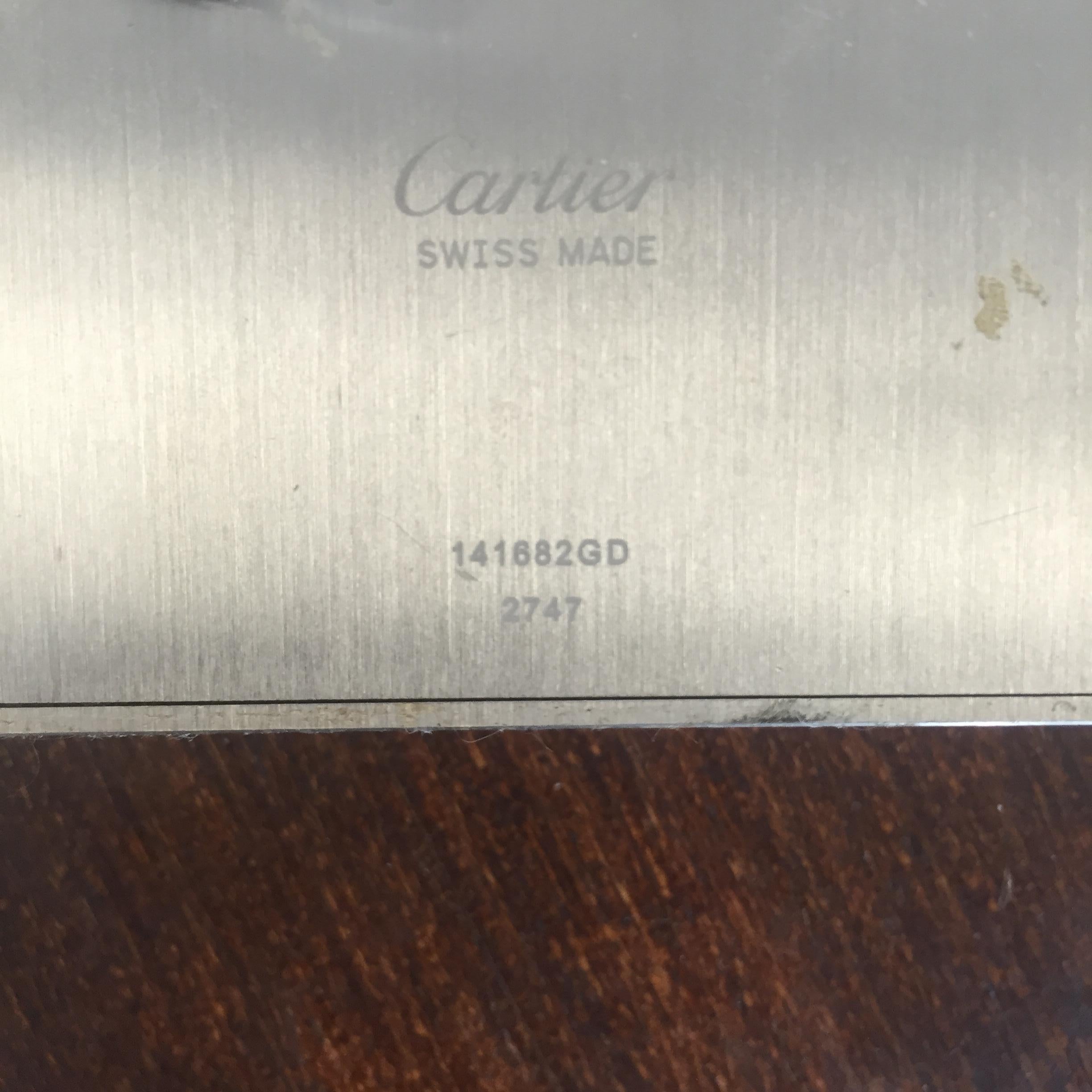 Cartier Stainless Steel Travel Desk Clock with Alarm and Wood Detail In Good Condition For Sale In West Hollywood, CA
