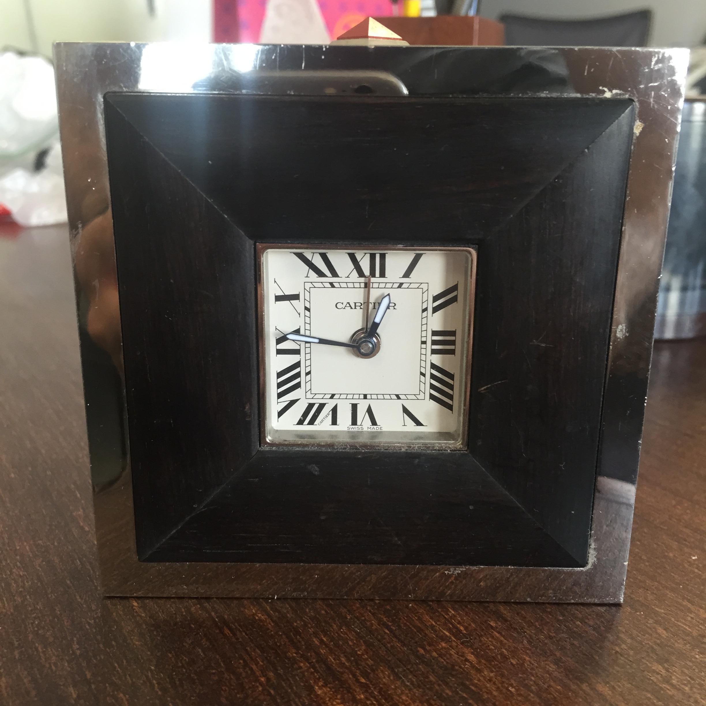 Women's or Men's Cartier Stainless Steel Travel Desk Clock with Alarm and Wood Detail For Sale