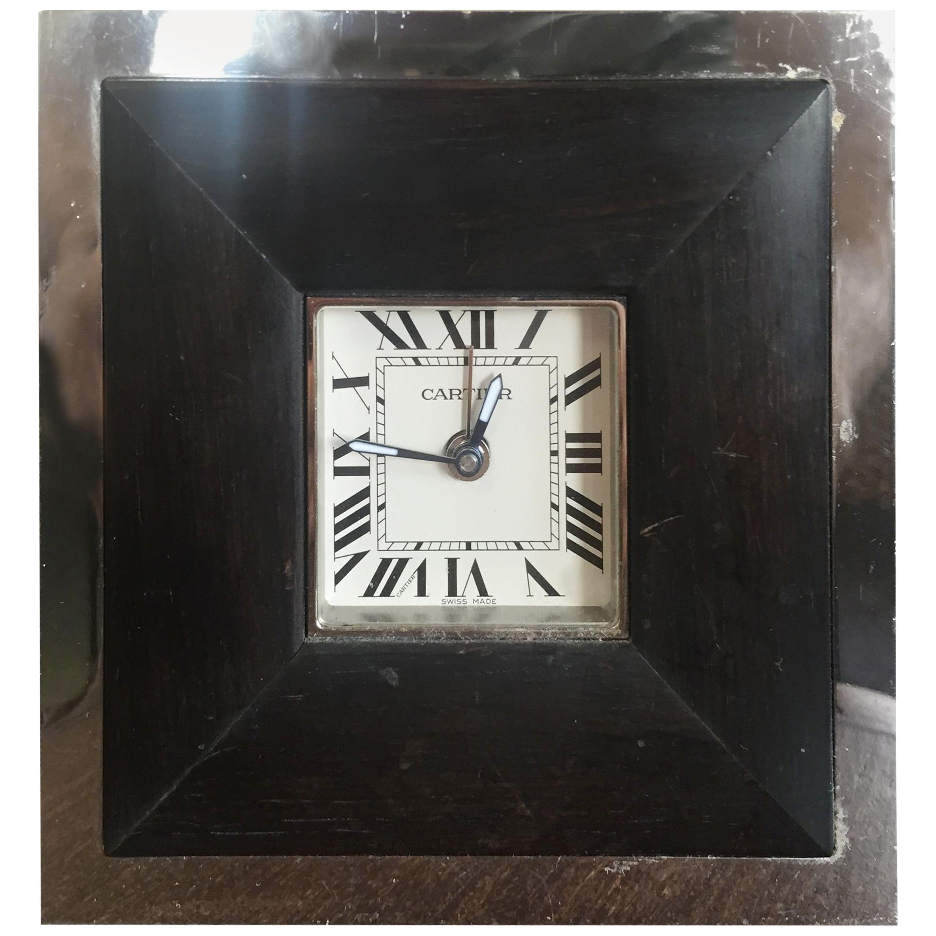 Cartier Stainless Steel Travel Desk Clock with Alarm and Wood Detail For Sale