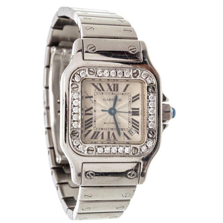 Cartier Stainless Steel White Sapphire Santos Galbee Watch at 1stDibs