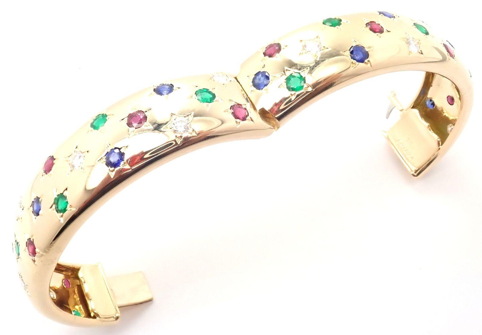 Cartier Star Diamond Ruby Emerald Sapphire Yellow Gold Bangle Bracelet For Sale 5