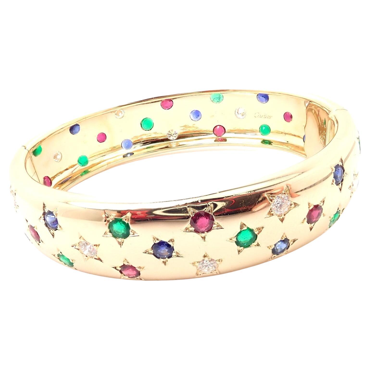 Cartier Star Diamond Ruby Emerald Sapphire Yellow Gold Bangle Bracelet For Sale