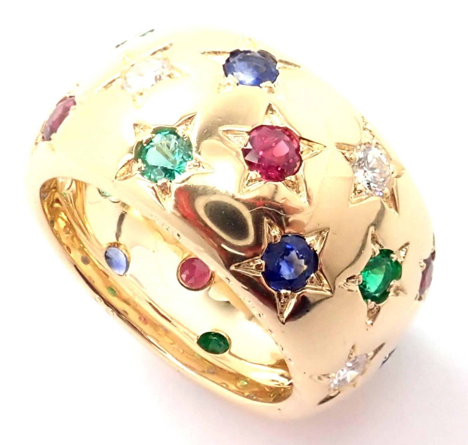 Cartier Star Diamond Ruby Emerald Sapphire Yellow Gold Wide Band Ring 5