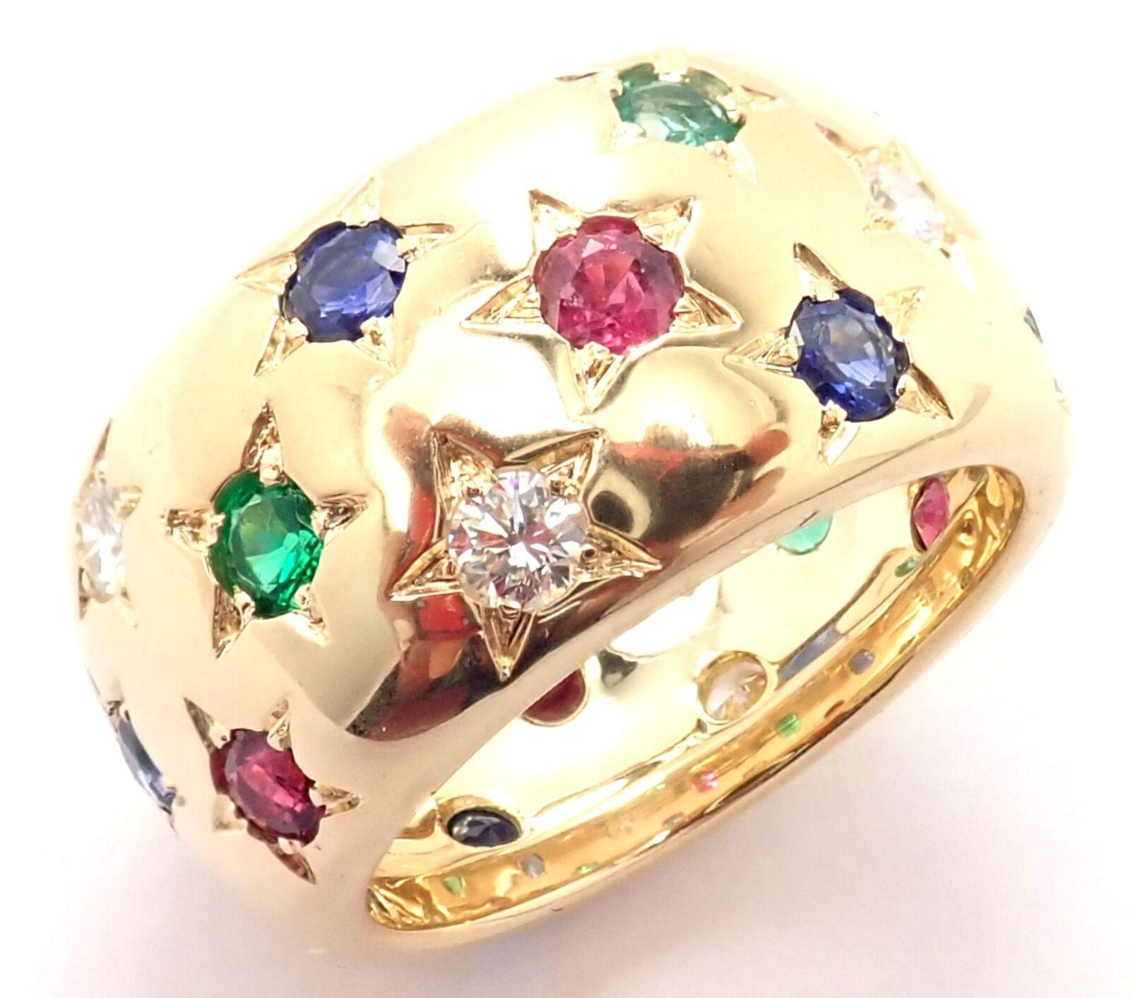 Brilliant Cut Cartier Star Diamond Ruby Emerald Sapphire Yellow Gold Wide Band Ring