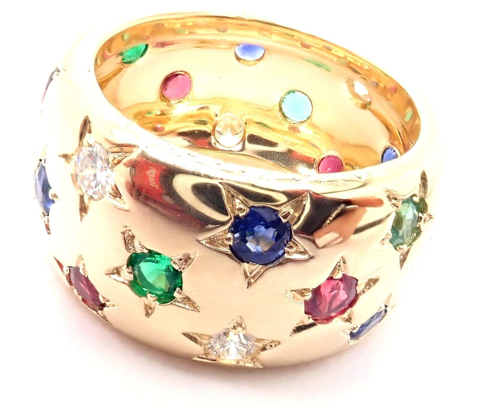 Cartier Star Diamond Ruby Emerald Sapphire Yellow Gold Wide Band Ring In Excellent Condition In Southampton, PA