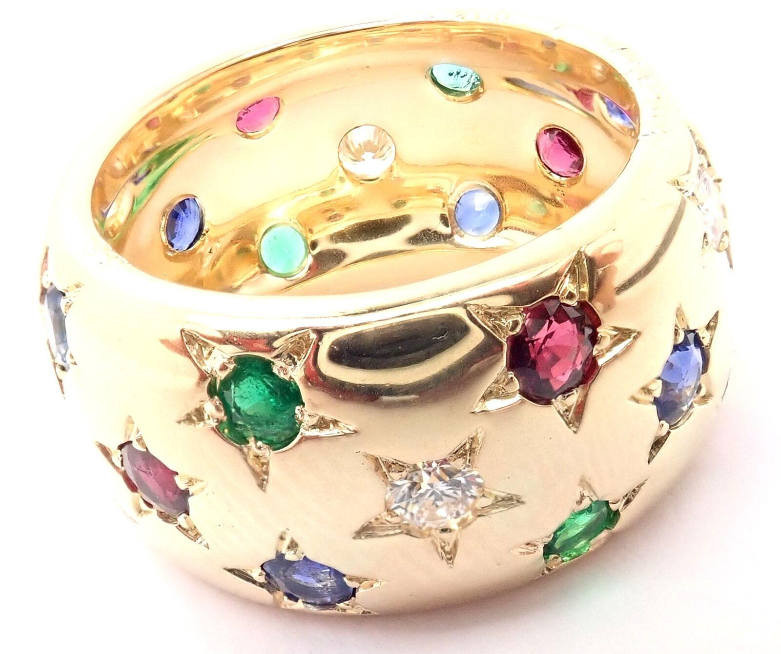 Women's or Men's Cartier Star Diamond Ruby Emerald Sapphire Yellow Gold Wide Band Ring