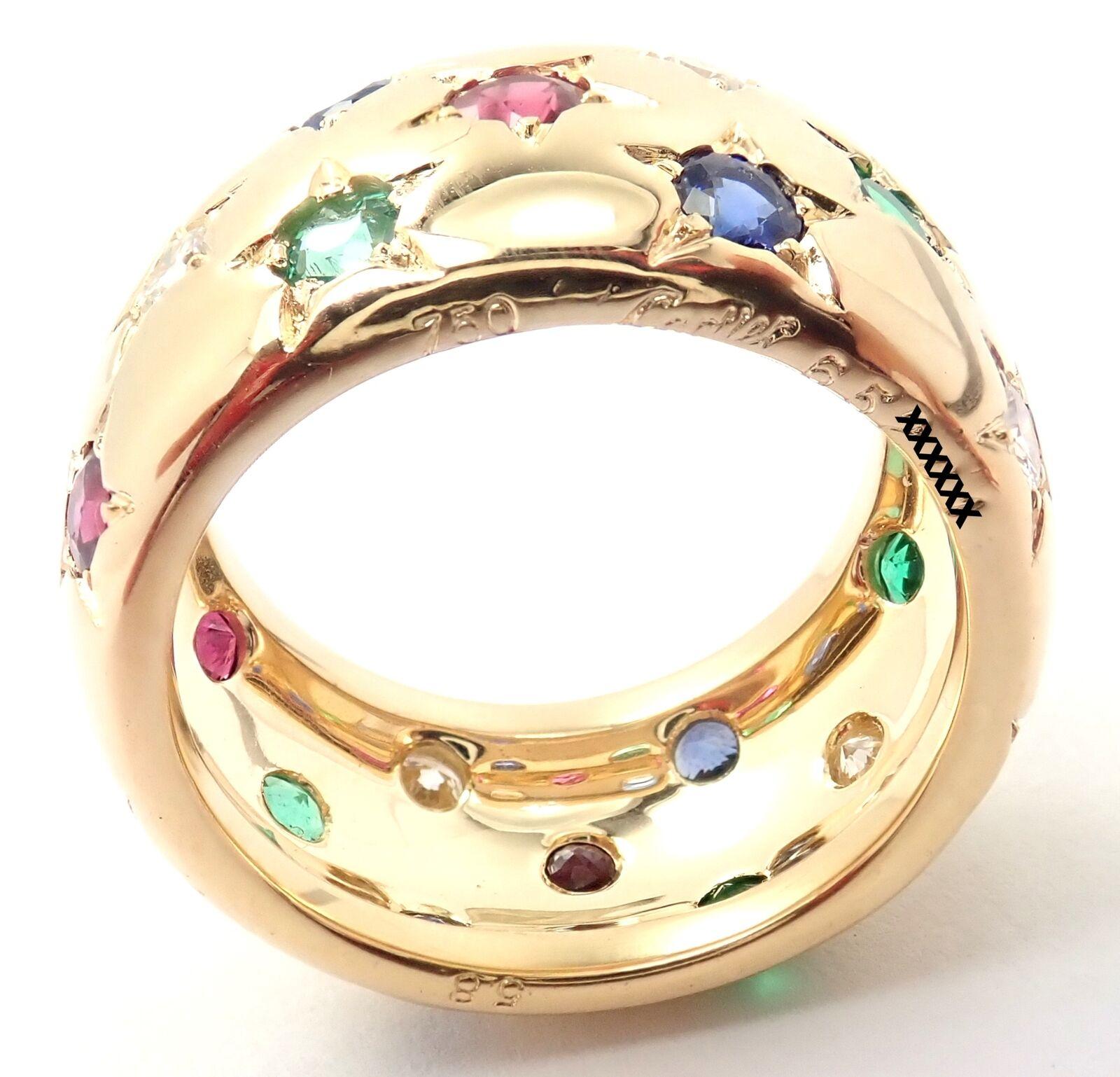 Cartier Star Diamond Ruby Emerald Sapphire Yellow Gold Wide Band Ring 1