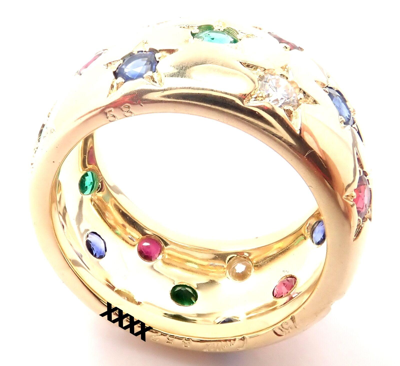 Cartier Star Diamond Ruby Emerald Sapphire Yellow Gold Wide Band Ring 3