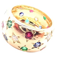 Cartier Star Diamond Ruby Emerald Sapphire Yellow Gold Wide Band Ring