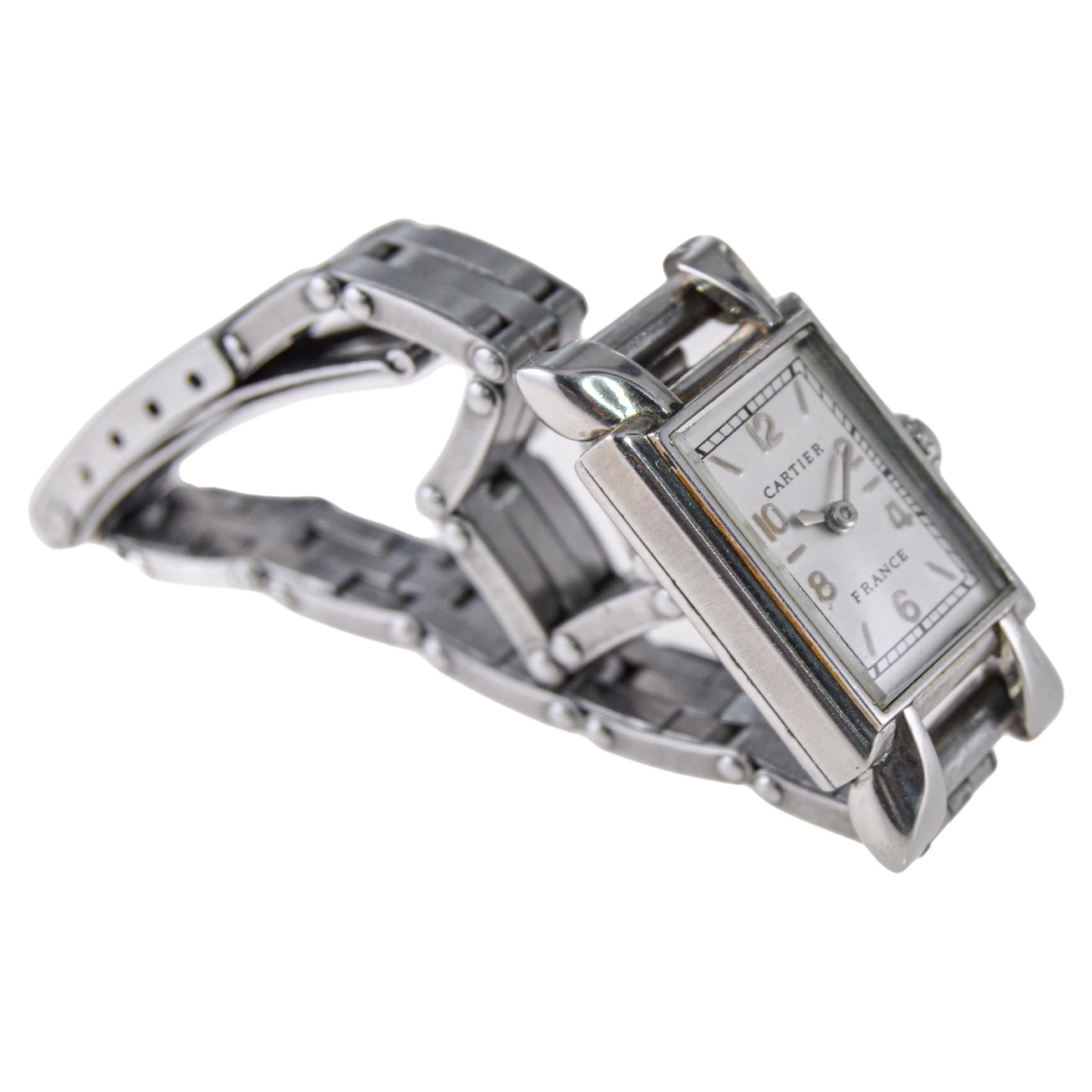Cartier Stahl Art Deco Damenuhr 1940er Jahre mit Original Gay Freres Armband 2