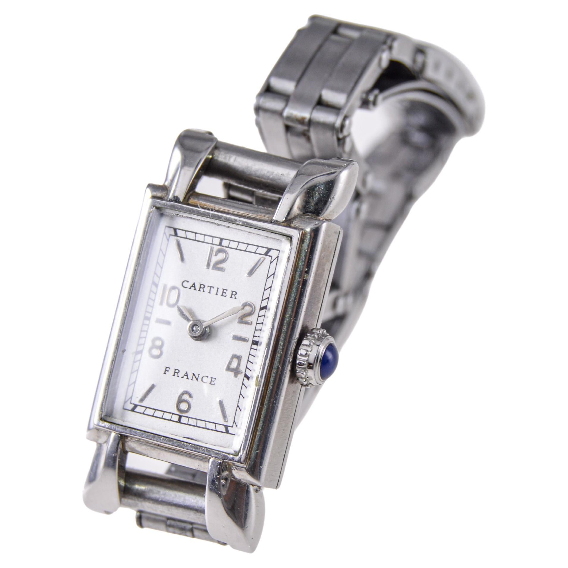 Cartier Stahl Art Deco Damenuhr 1940er Jahre mit Original Gay Freres Armband 3