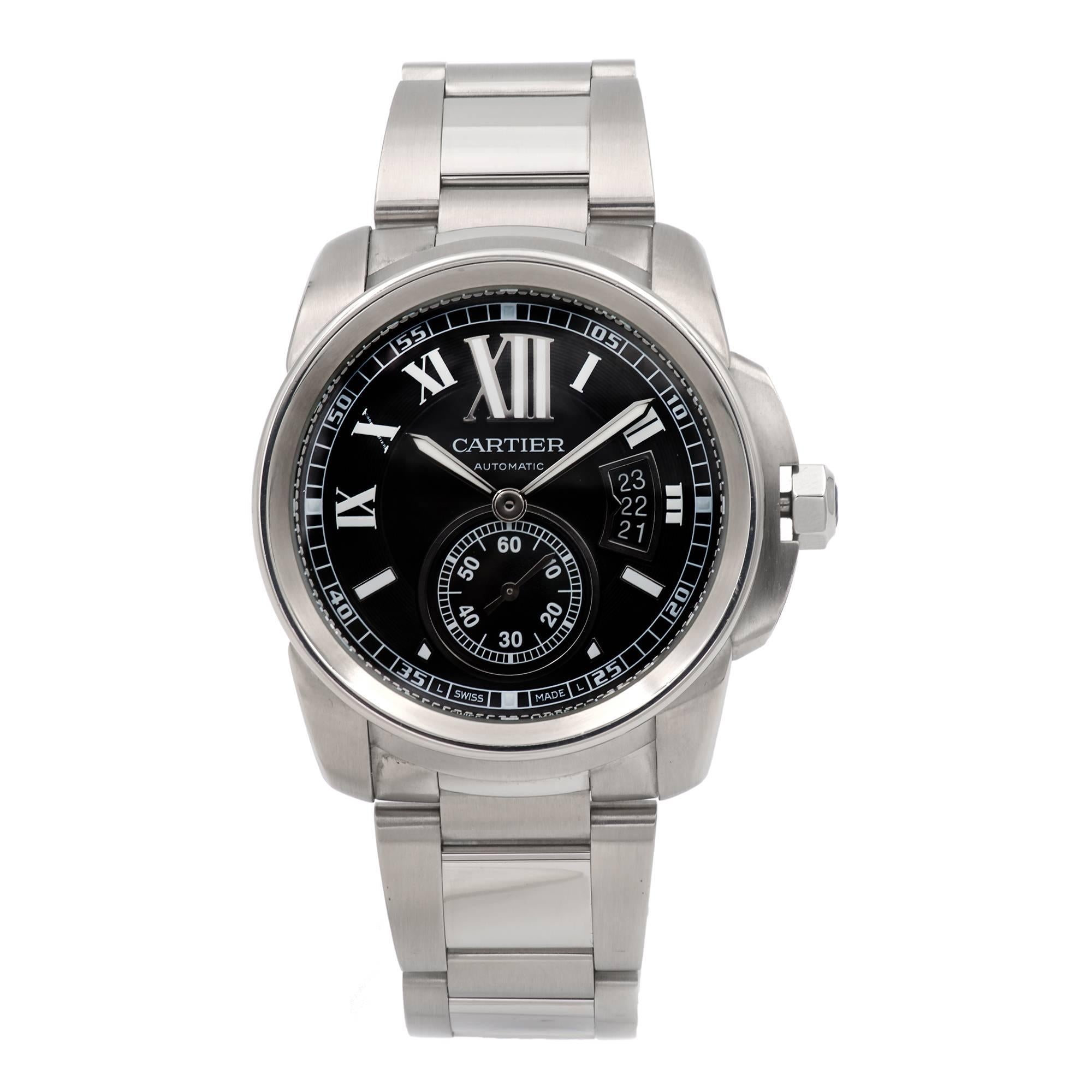 Calibre de Cartier Automatic stainless steel watch with stainless steel band. All original with black dial.

Stainless Steel
Length: 48.5mm
Width: 44mm
Band width at case: 23mm
Case thickness: 9.75mm
Band: Original steel Cartier
Crystal:
