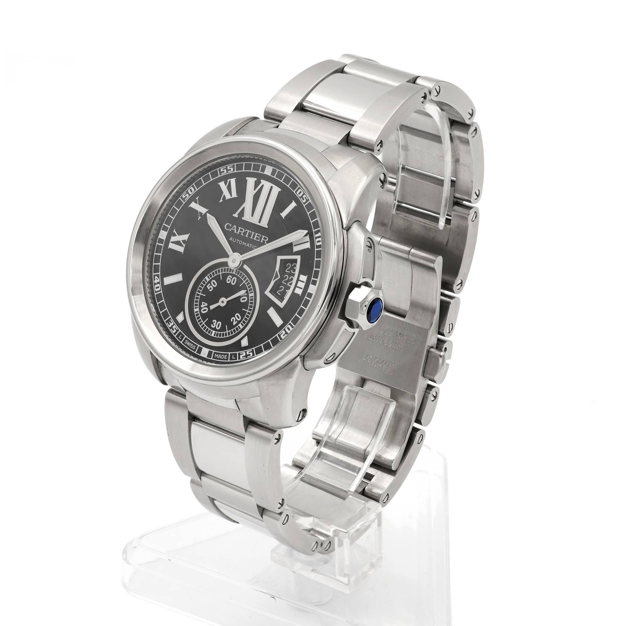 Women's or Men's Cartier Stainless Steel Calibre De Cartier Black Dial Automatic Wristwatch  
