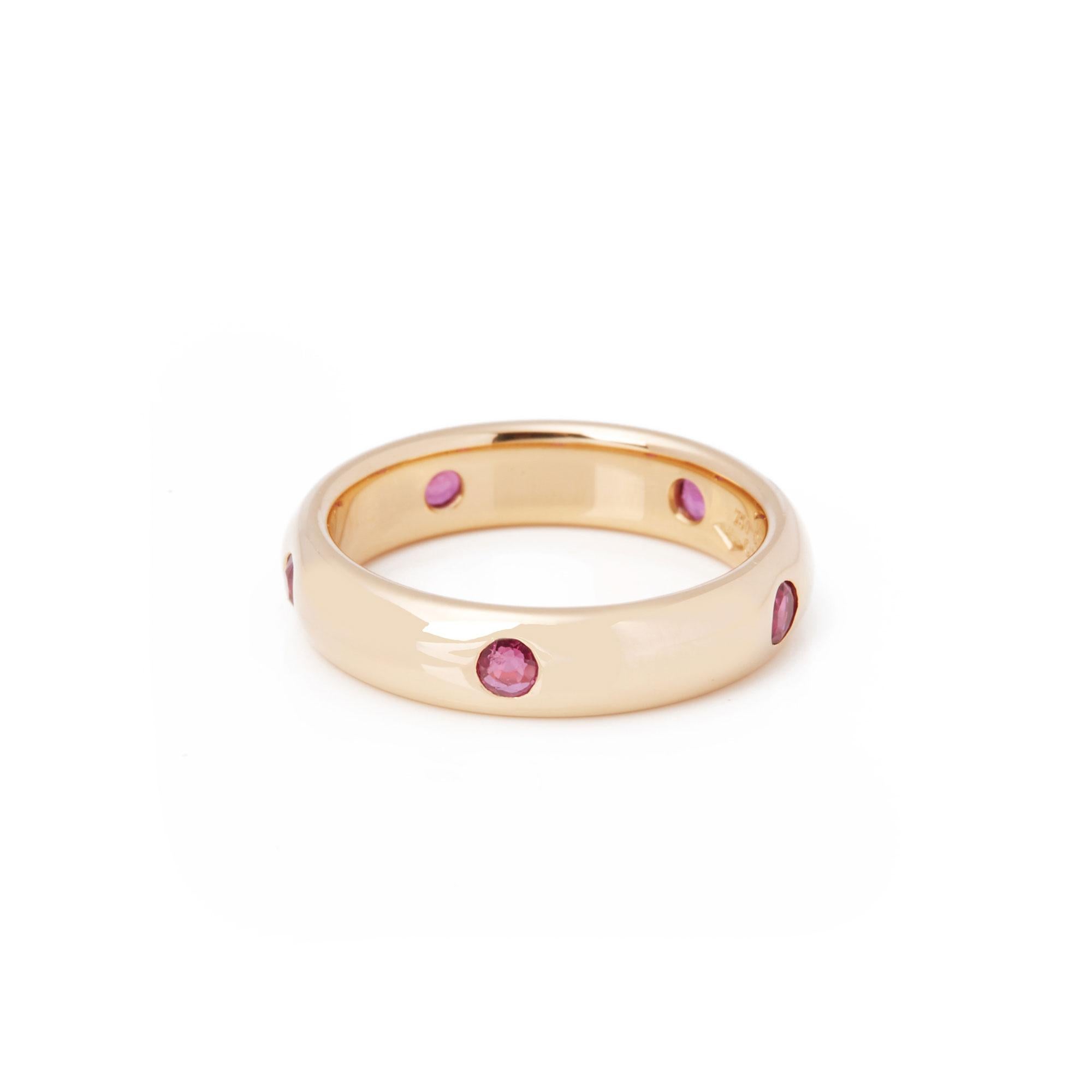 This ring by Cartier is from their Stella collection and features five swiss set rubies mounted in an 18ct yellow gold band ring. UK ring size H. EU ring size 46. US ring size 3 3/4. Comes with Xupes presentation box. Our Xupes reference is COMJ473