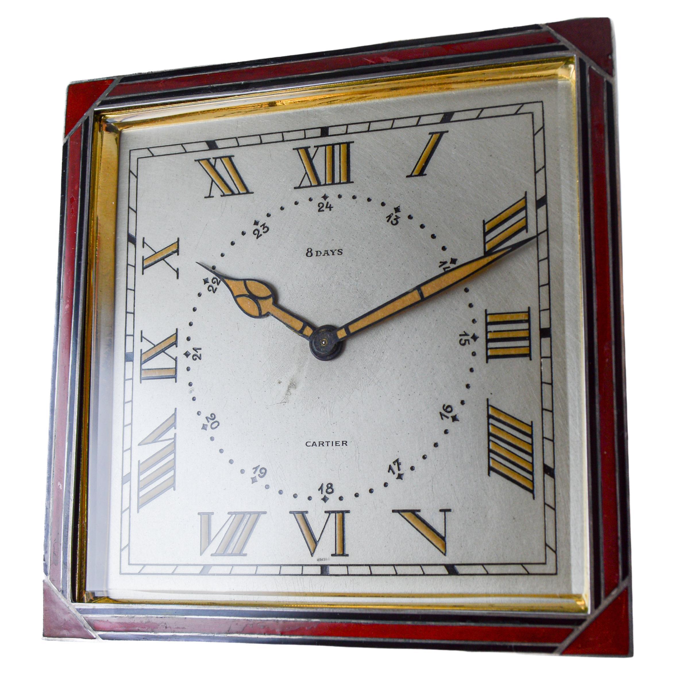 Cartier Sterling and Enamel Art Deco Desk Clock with Breguet Engine Turned Dial For Sale 3
