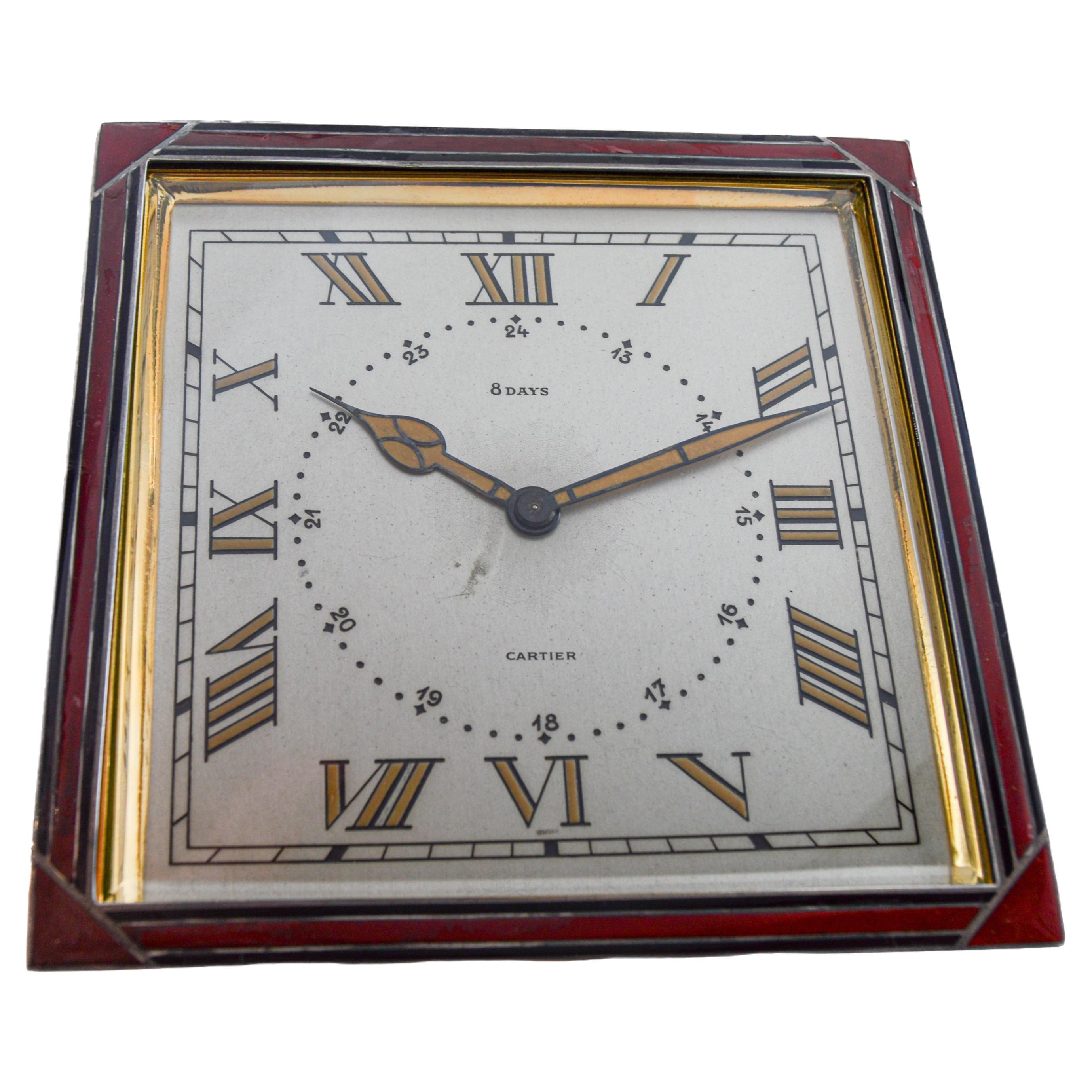 Cartier Sterling and Enamel Art Deco Desk Clock with Breguet Engine Turned Dial For Sale 6
