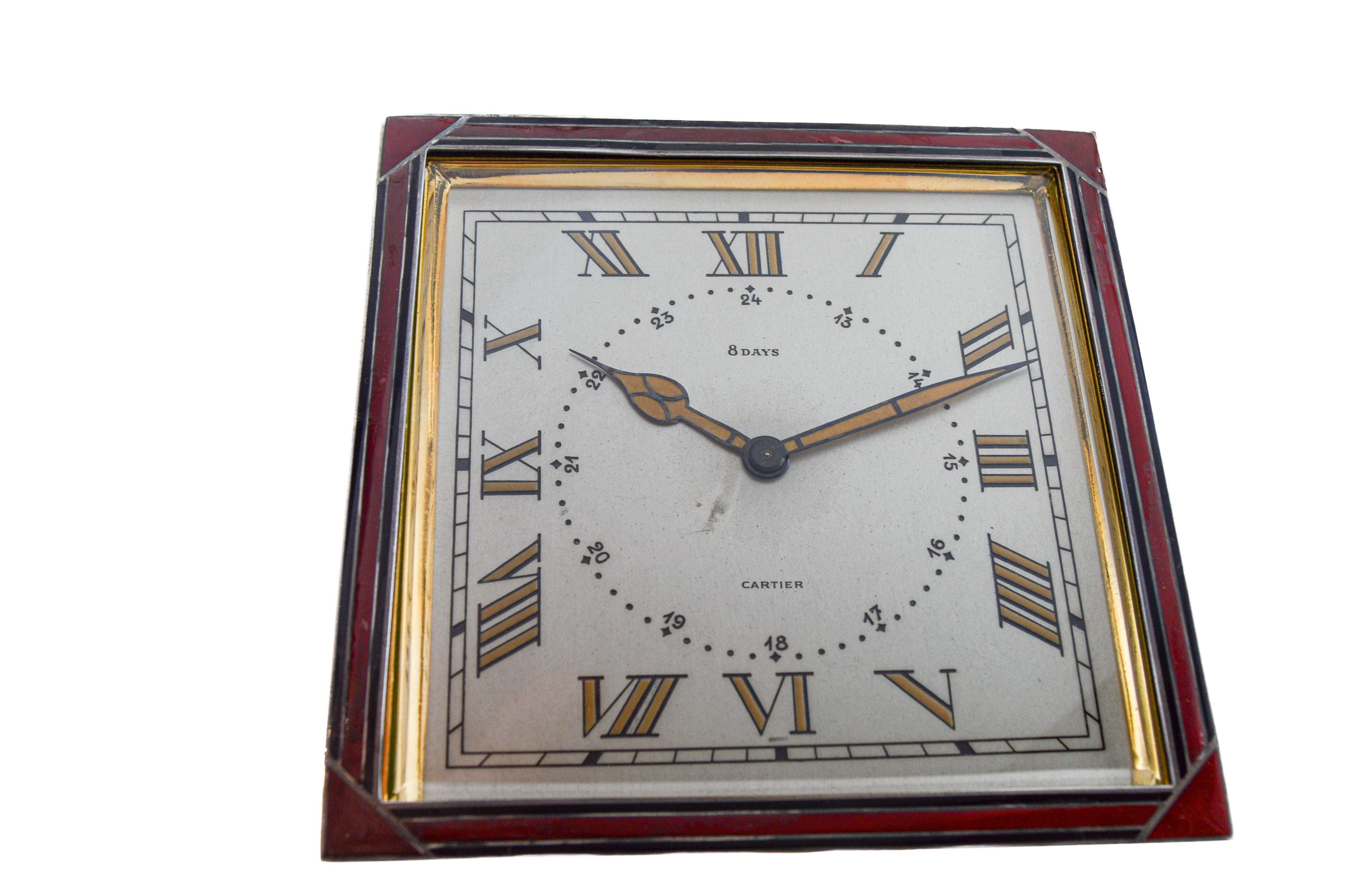 Cartier Sterling and Enamel Art Deco Desk Clock with Breguet Engine Turned Dial For Sale 5