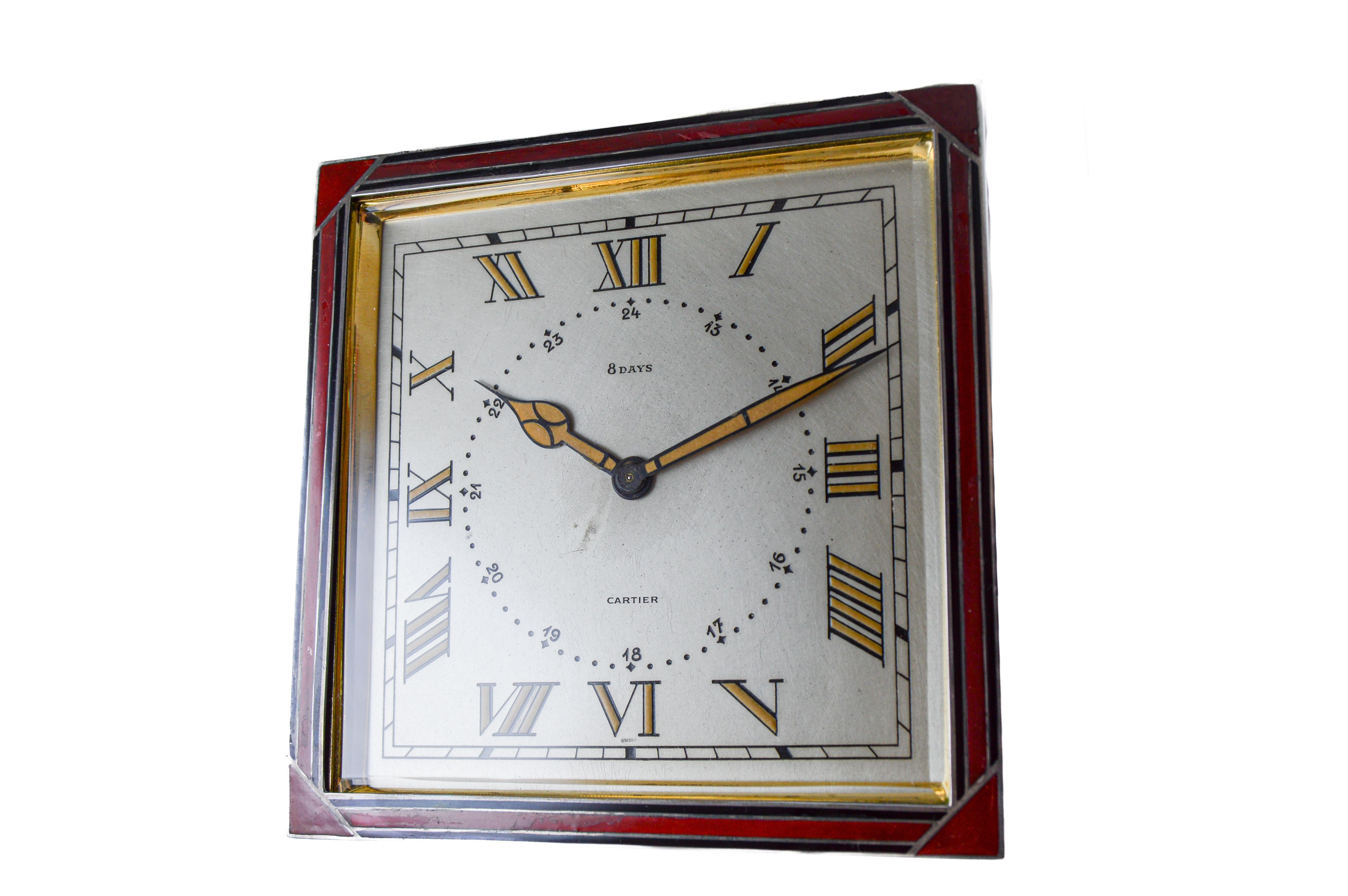 Cartier Sterling and Enamel Art Deco Desk Clock with Breguet Engine Turned Dial For Sale 8