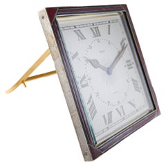 Cartier Sterling and Enamel Art Deco Desk Clock with Breguet Engine Turned Dial