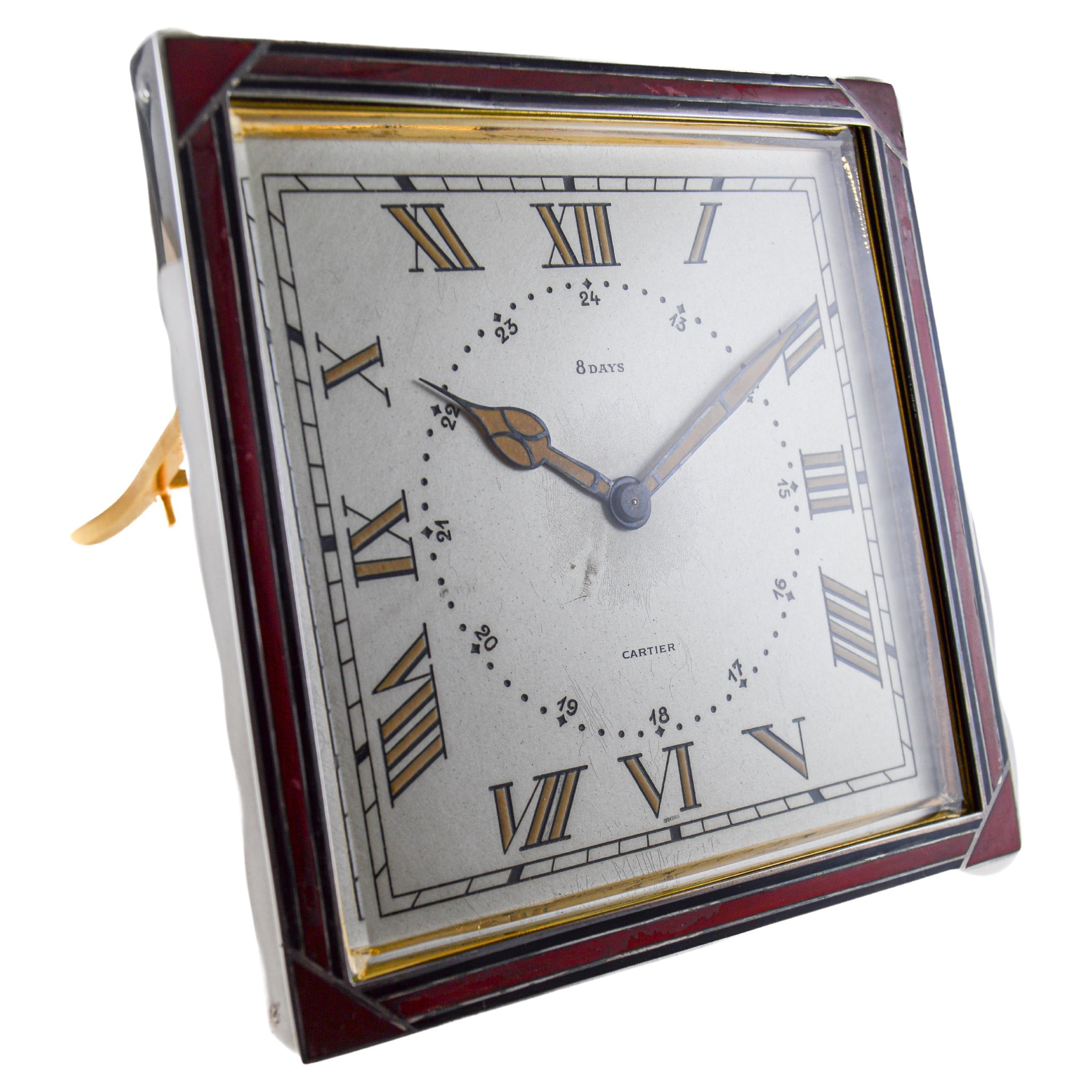 Suisse Horloge de bureau Art déco Cartier en argent sterling et émail avec cadran tourné de Breguet en vente