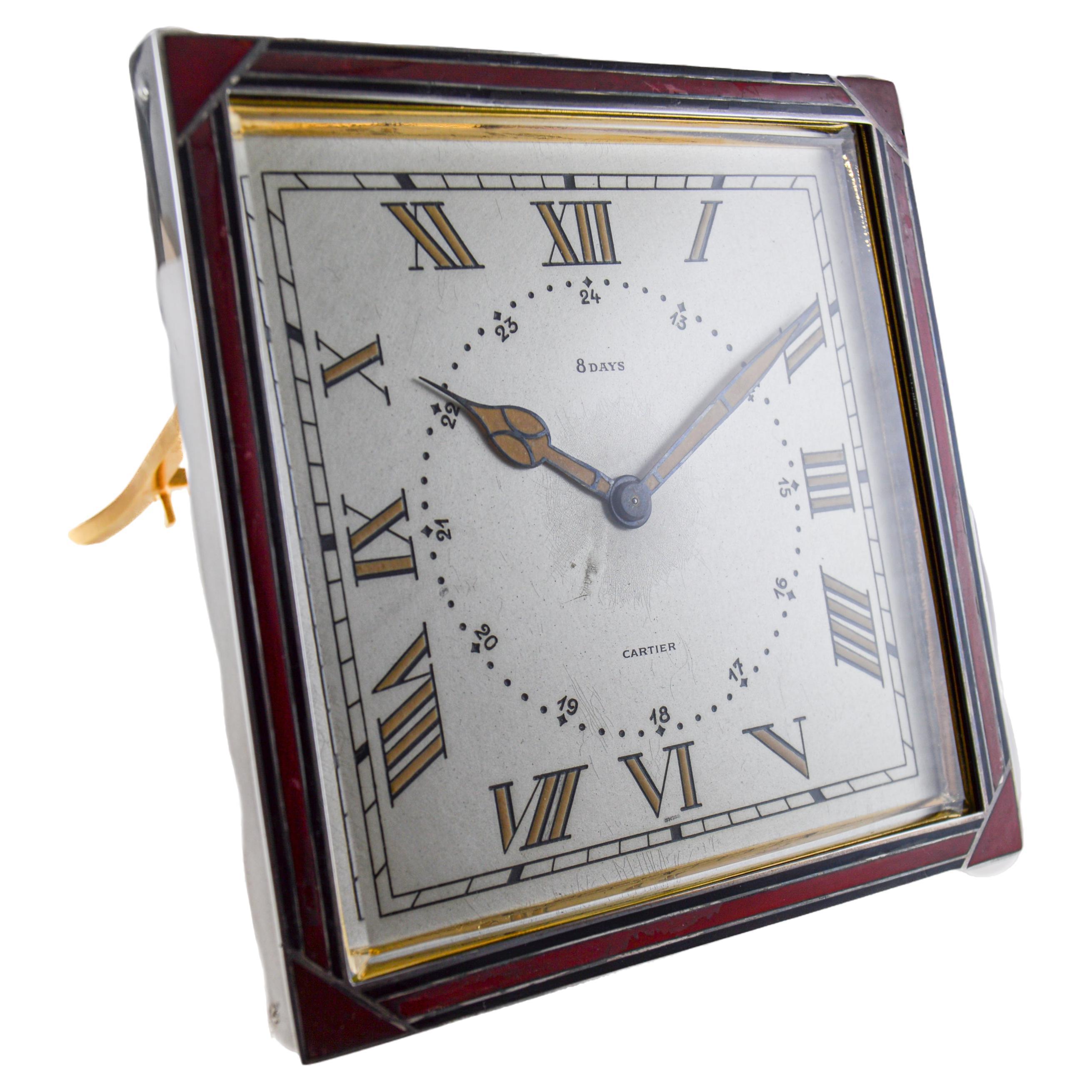 Cartier Sterling and Enamel Art Deco Desk Clock with Breguet Engine Turned Dial In Excellent Condition For Sale In Long Beach, CA
