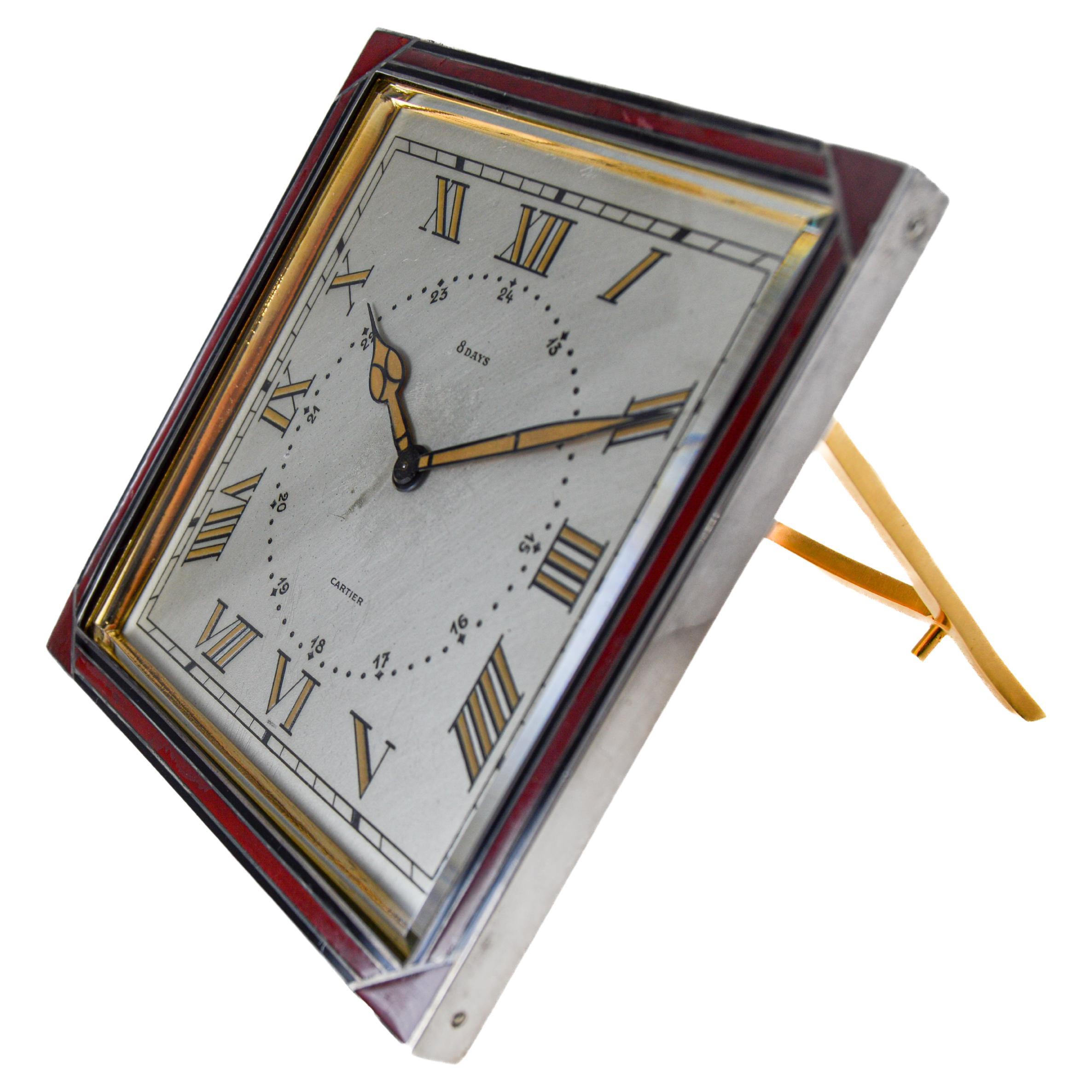 Cartier Sterling and Enamel Art Deco Desk Clock with Breguet Engine Turned Dial For Sale 1
