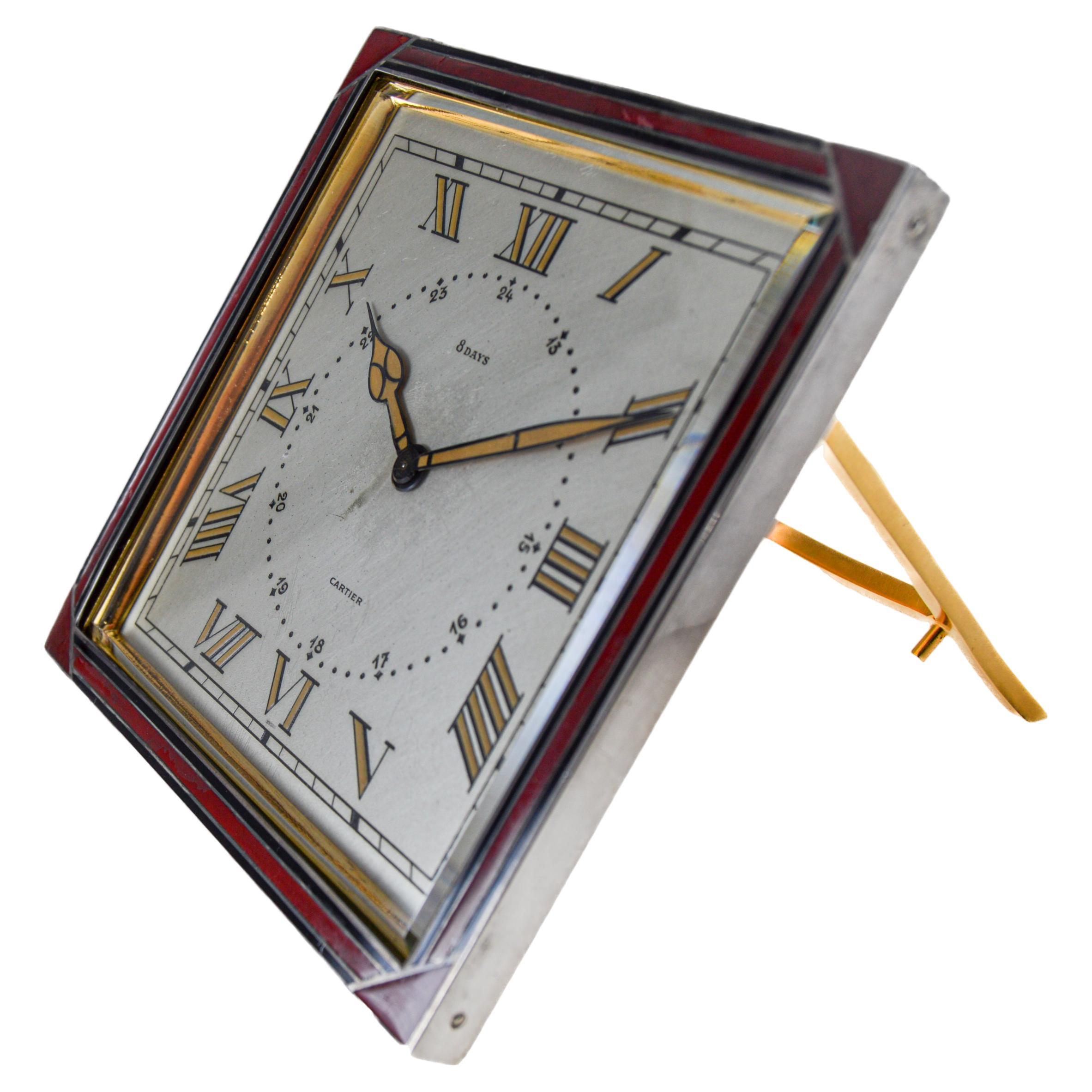 Cartier Sterling and Enamel Art Deco Desk Clock with Breguet Engine Turned Dial For Sale 4