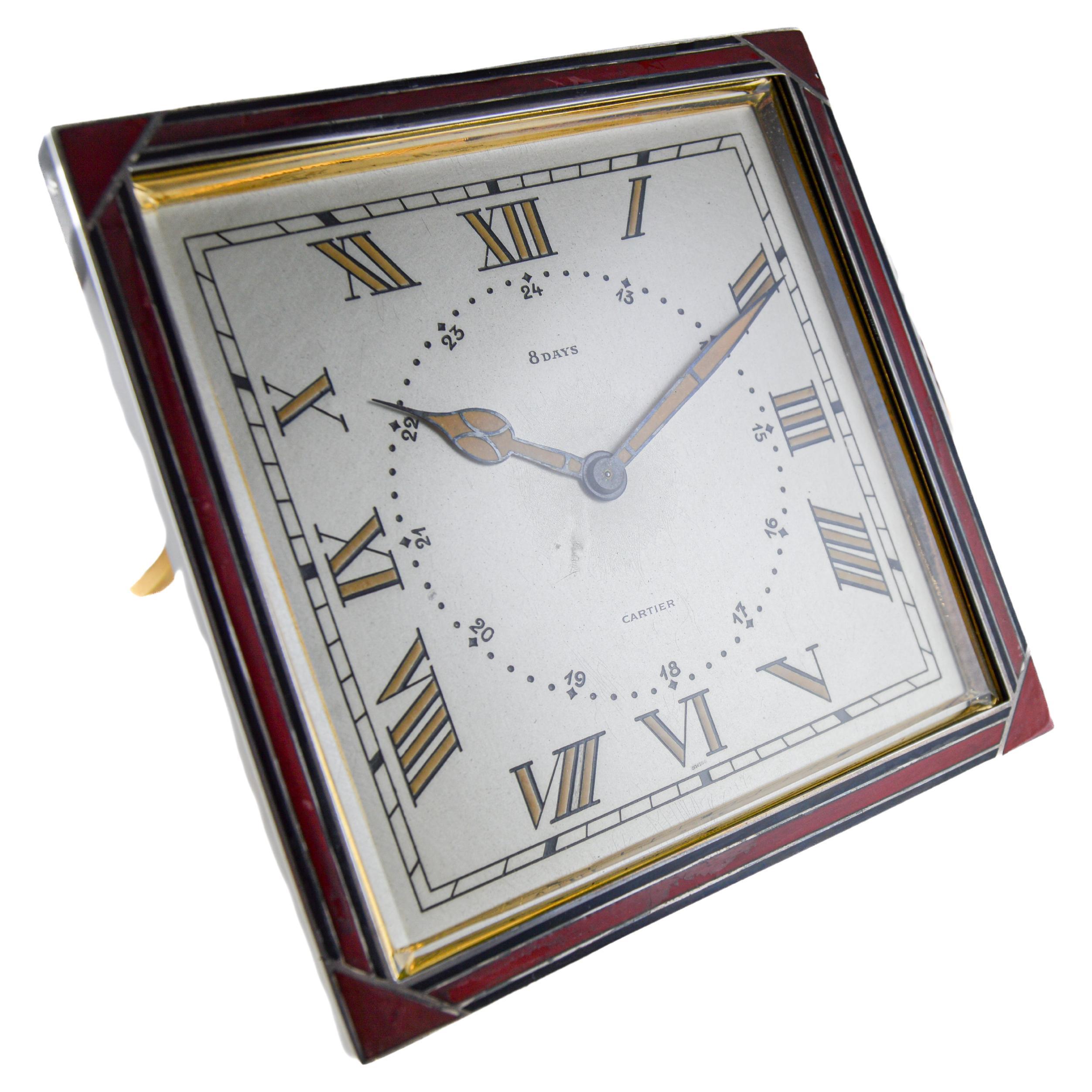 Cartier Sterling and Enamel Art Deco Desk Clock with Breguet Engine Turned Dial For Sale 2