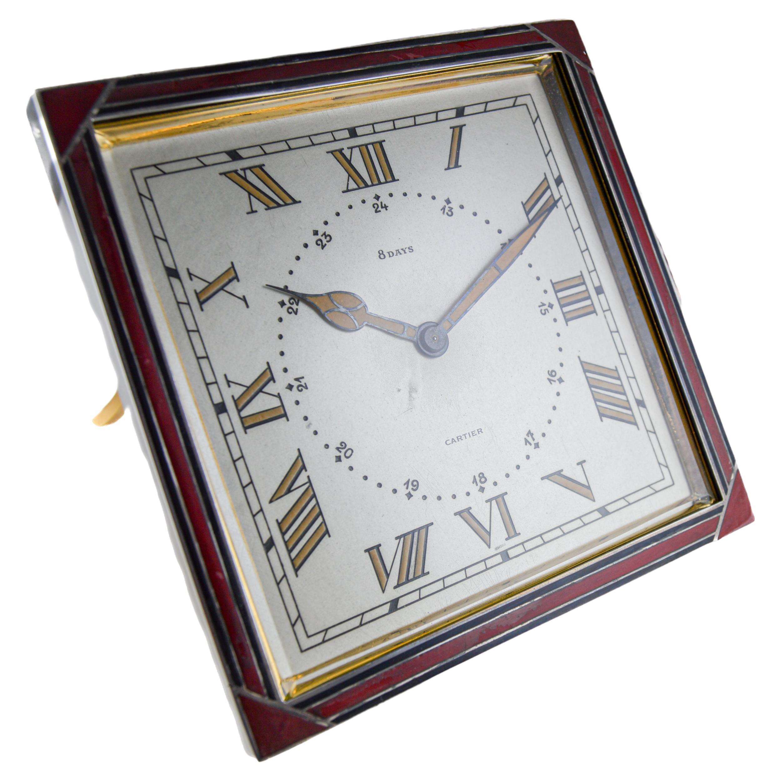 Cartier Sterling and Enamel Art Deco Desk Clock with Breguet Engine Turned Dial For Sale 5
