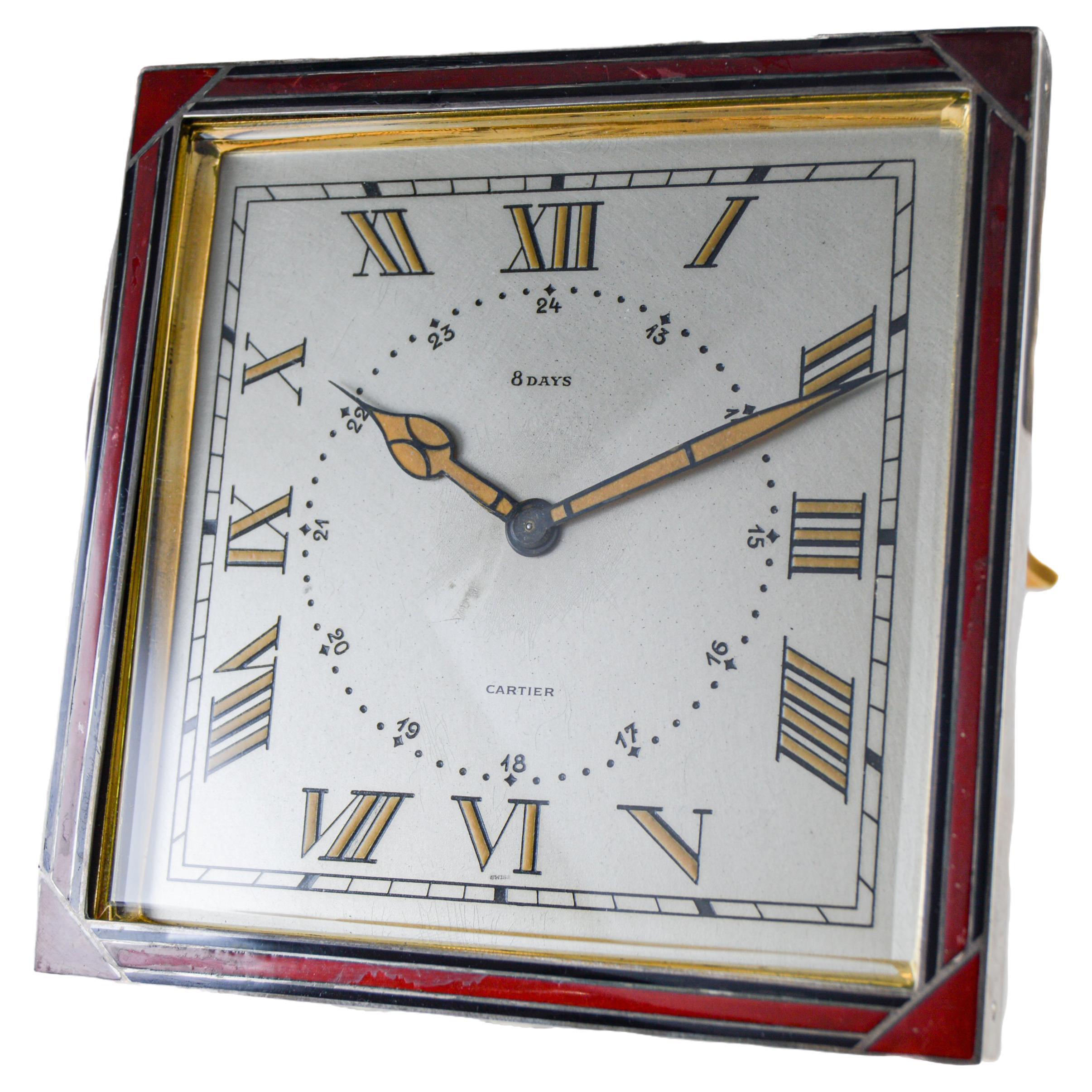 Cartier Sterling and Enamel Art Deco Desk Clock with Breguet Engine Turned Dial