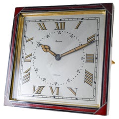 Cartier Sterling and Enamel Art Deco Desk Clock with Breguet Engine Turned Dial