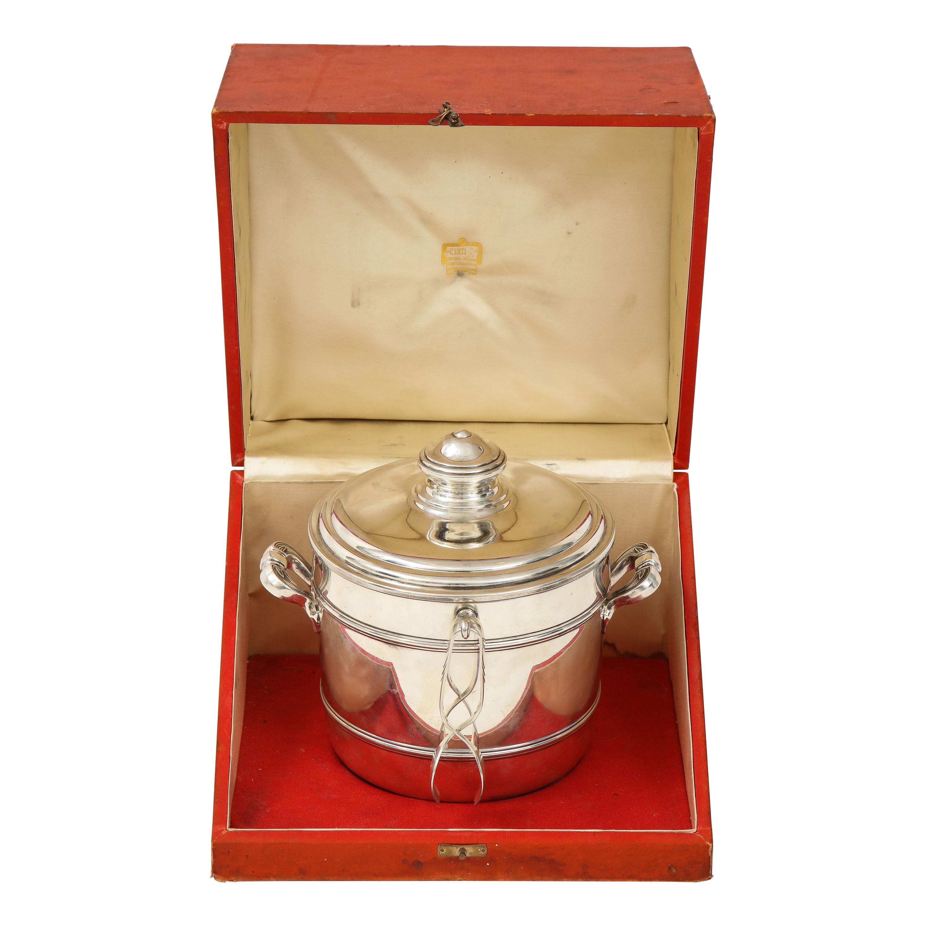 Cartier Sterling Silver Art Deco Ice Bucket with Ice Tongs and Original Box