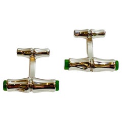 Cartier Sterling Silver Cufflinks With Emerald Stone Tips