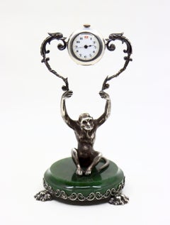 Cartier Sterling Silver Monkey Jade Stand Clock