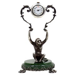 Cartier Sterling Silver Monkey Jade Stand Clock