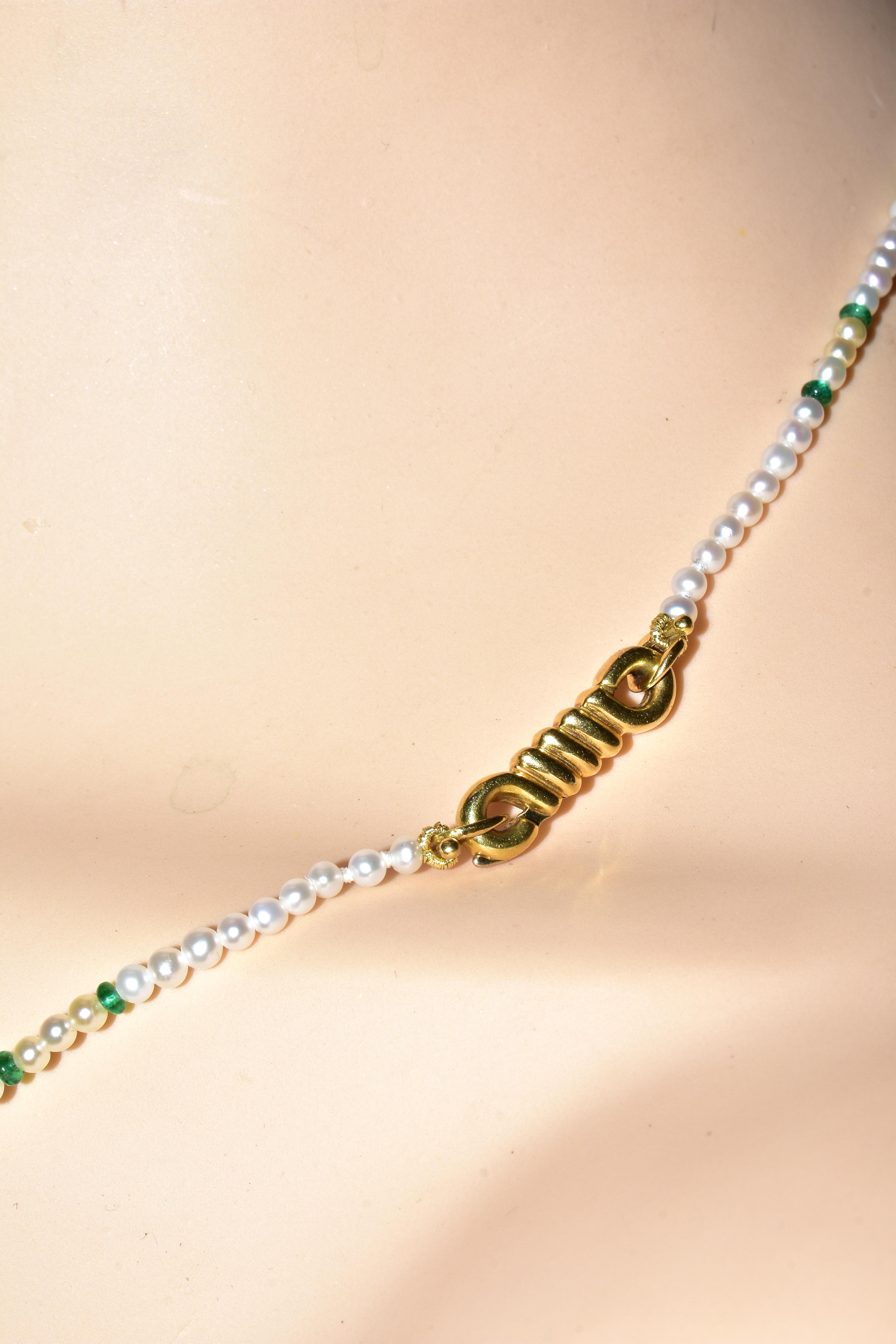 Women's or Men's Cartier Strand of Natural Pearls and Emerald Beads