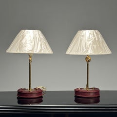 Cartier Style, Modern Key Table Lamps, Red Leather, Brass, Paper Shades