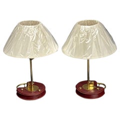 Cartier Style, Modern Key Table Lamps, Red Leather, Brass, Paper Shades